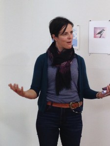 Christal George talks about her artwork of the Channel-billed Cuckoo, photo Jo Bragg