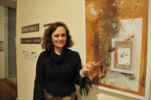 Local artist Sheree Audet with the artwork 'Fine Print' by artist Liz Mahood. Thank you Sheree for bringing along Bimblebox Alliance membership forms and Bimblebox Quilt raffle tickets to the gallery. It was great to meet you and great to have your support.