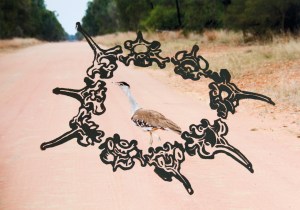 "Australian Bustard on the Road to Bimblebox" 2014, block print on archival digital print, Alison Clouston, photo courtesy of the artist.